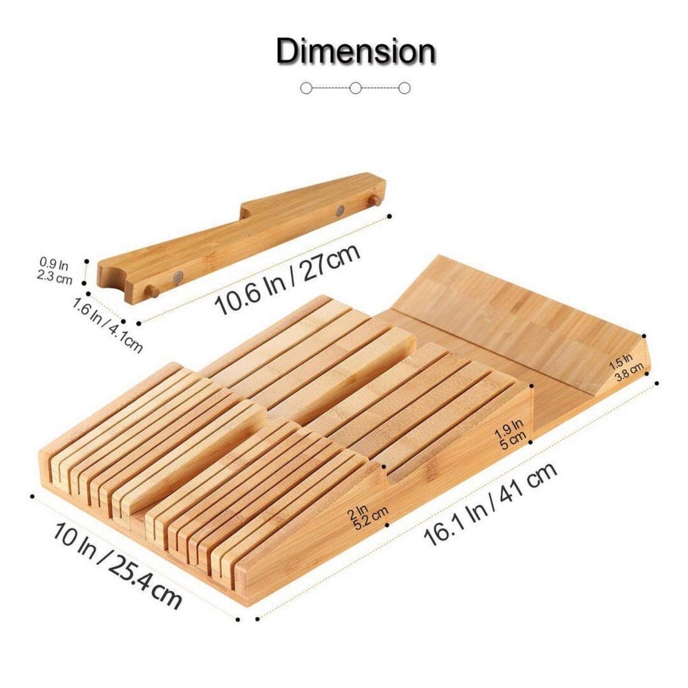 Bamboo In-Drawer Knife Block Organizer 16 Slot Magnetic Two-Tier Natural Wood